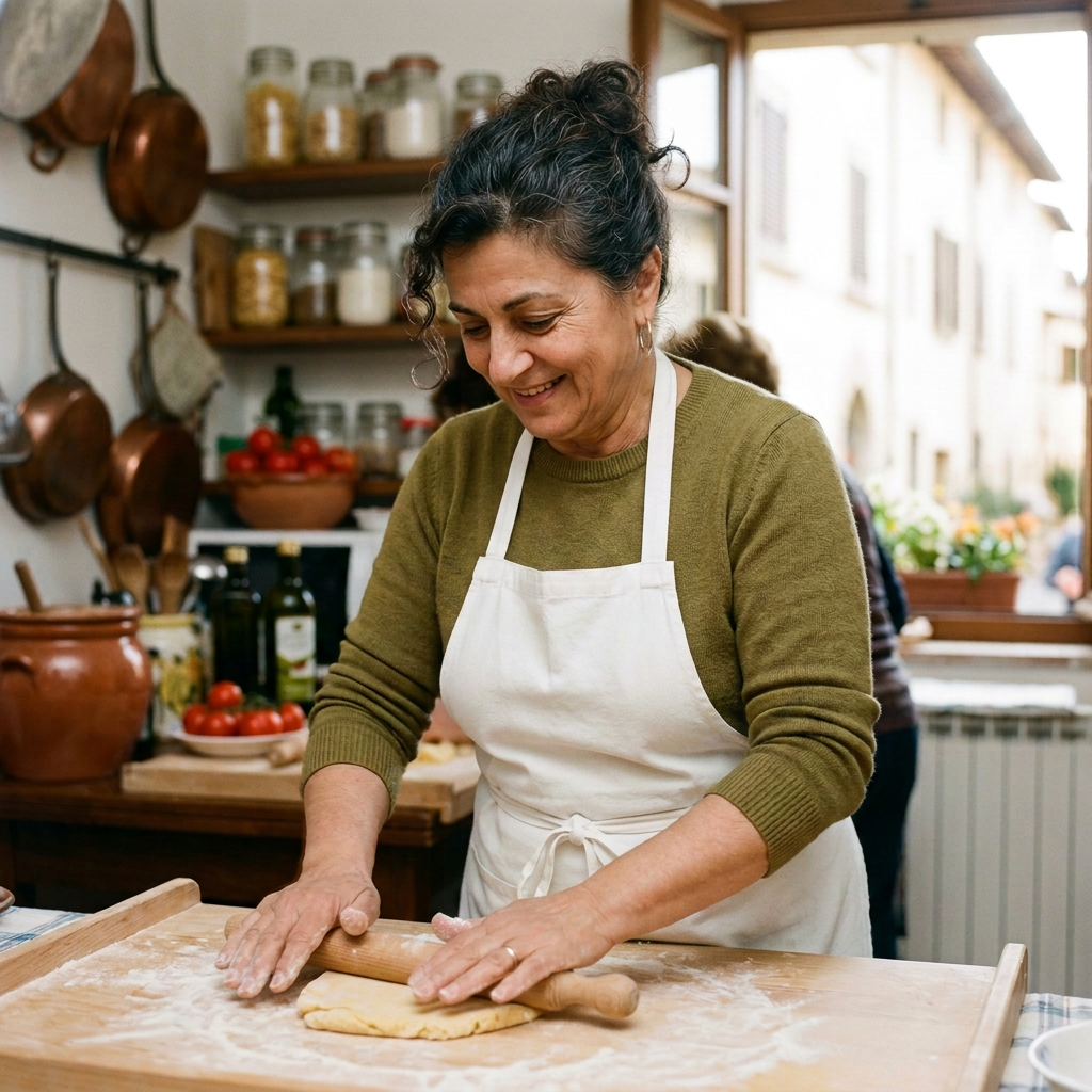 Woman rolling dough with a rolling pin on a floured wooden surface in a kitchen