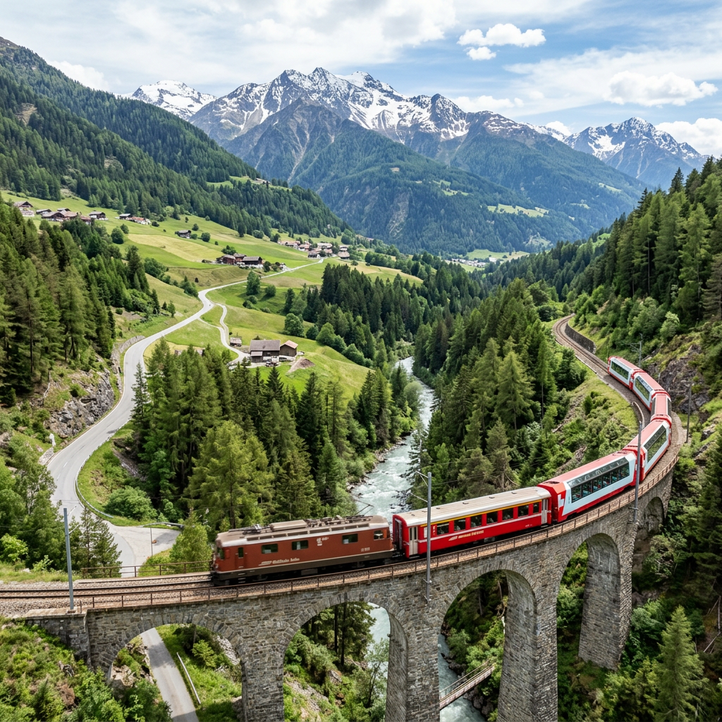Mountain train crossing a stone viaduct through a green Alpine valley