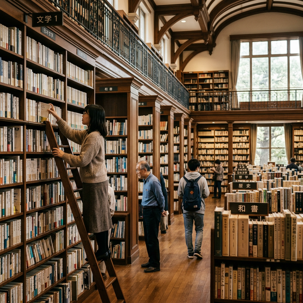 Visitors browsing books in a grand Japanese library with tall wooden shelves