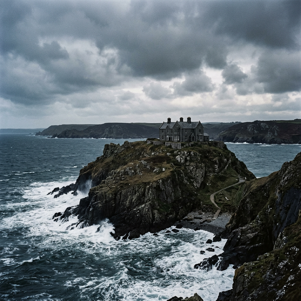 Stone house perched on rugged cliffs above a turbulent ocean