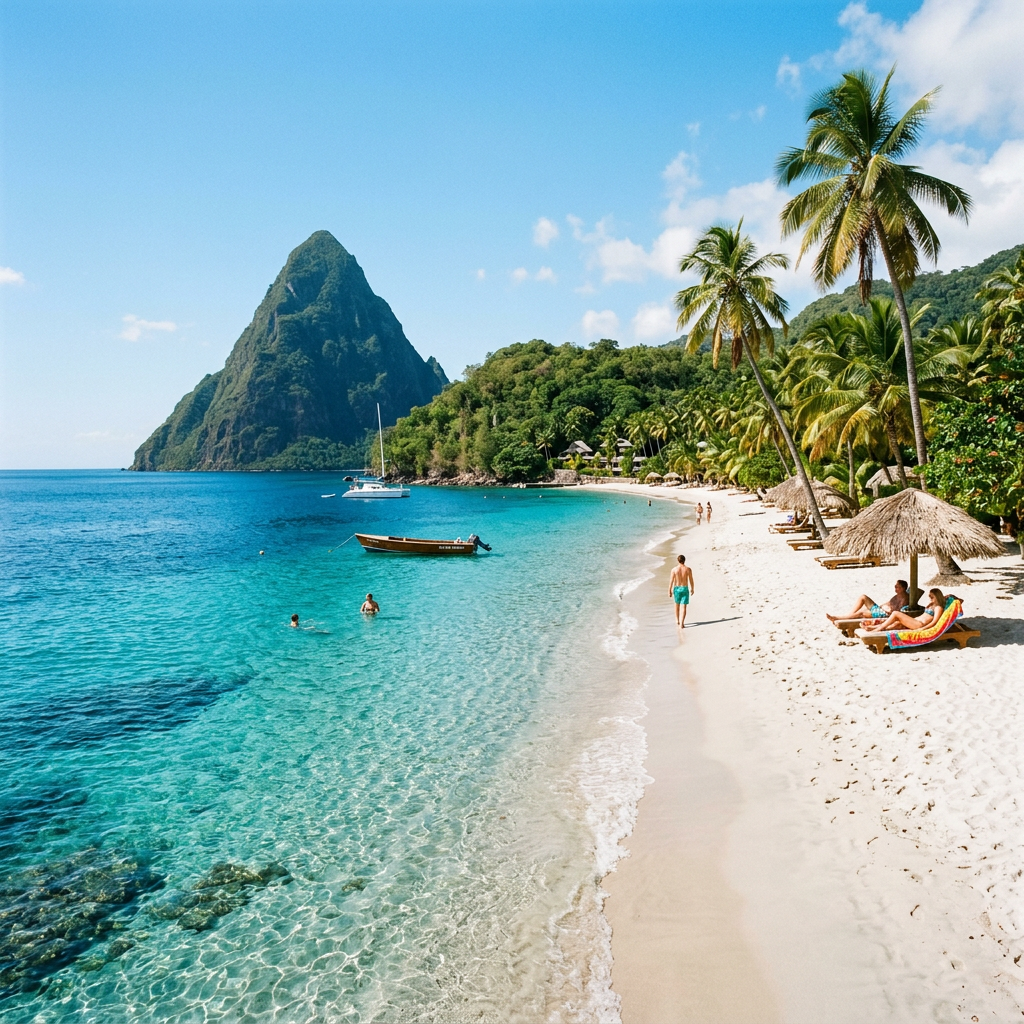 White sand beach with turquoise water, palm trees, boats, and volcanic mountain