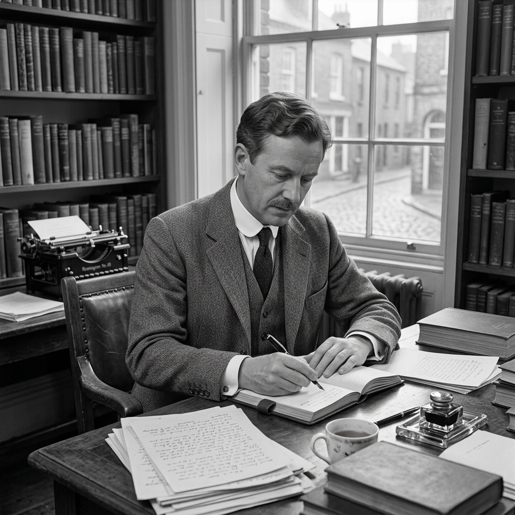 Man writing in a book at a desk surrounded by books and papers