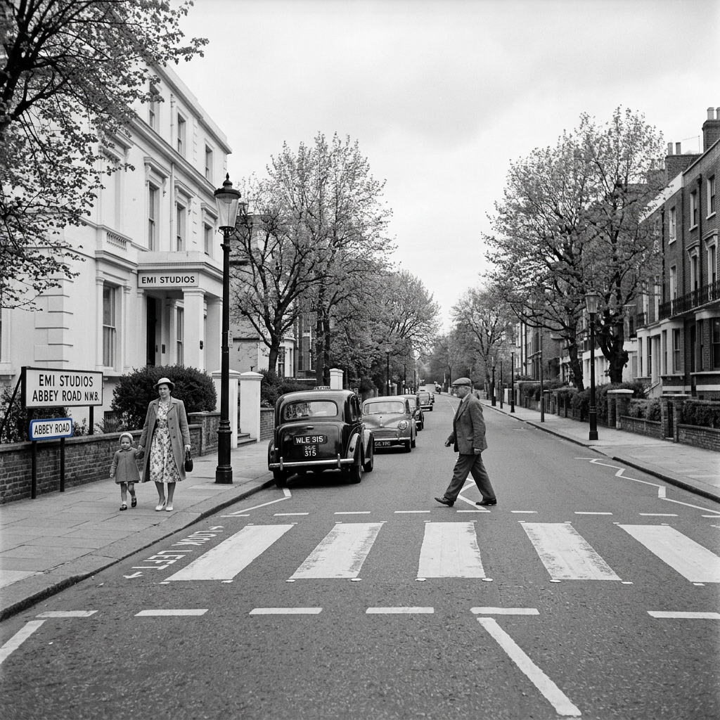 Abbey Road outside EMI Studios with pedestrians, vintage cars, and zebra crossing; signs read “EMI STUDIOS,” “ABBEY ROAD N.W.8,” and “ABBEY ROAD.”