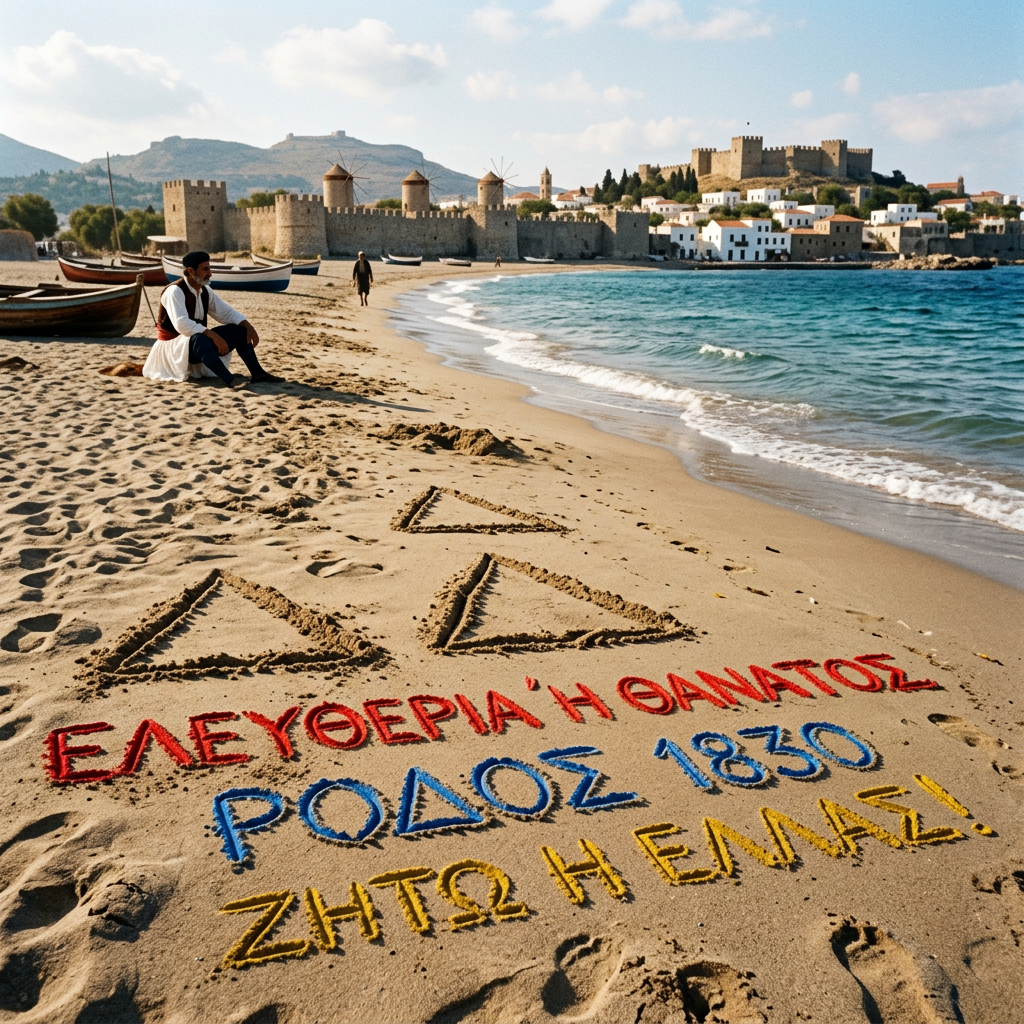 Beach sand reads “ΕΛΕΥΘΕΡΙΑ Ή ΘΑΝΑΤΟΣ,” “ΜΟΛΩΝ ΛΑΒΕ,” and “ΖΗΤΩ Η ΕΛΛΑΣ!”